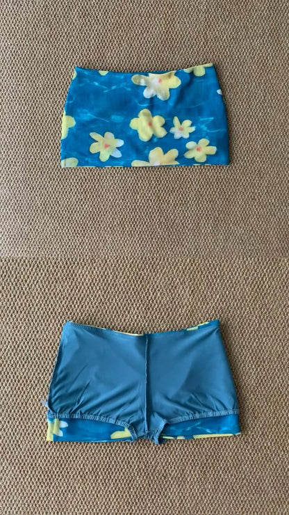 White Lace Tube Top and Blue Floral Skirt Y2K Two Pieces Sets