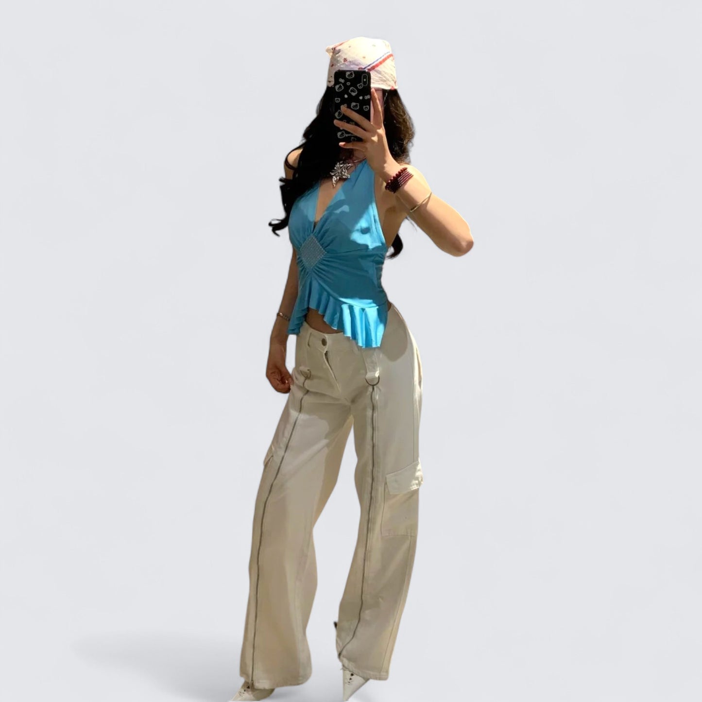 Blue Halter Backless Top and White Pants Y2K Two Pieces Sets