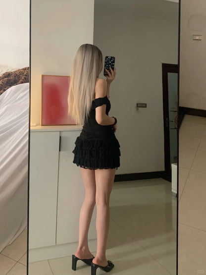 Black One Shoulder Lace Ruffle Mini Dress Y2K Mini Dress