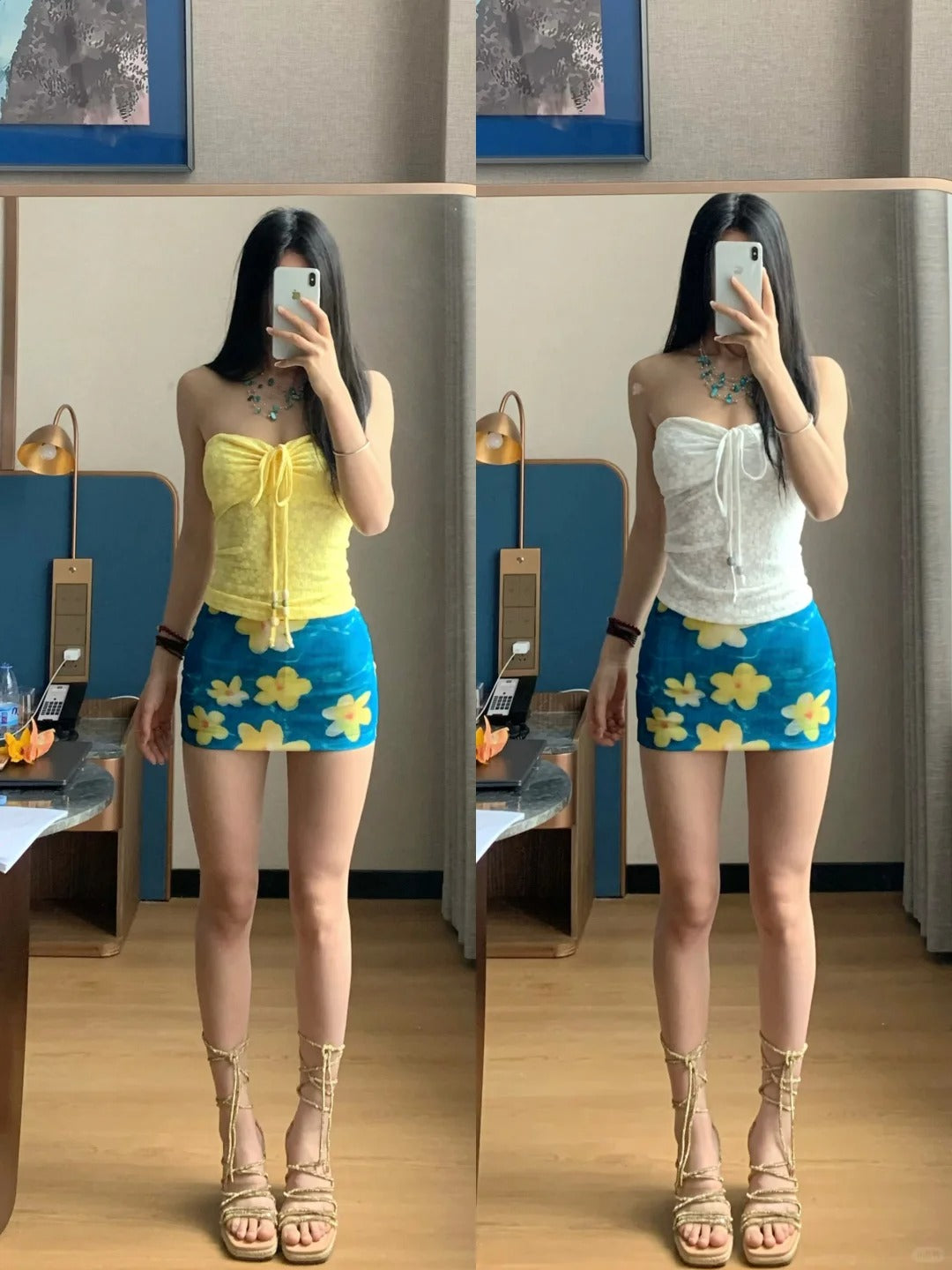 White Lace Tube Top and Blue Floral Skirt Y2K Two Pieces Sets