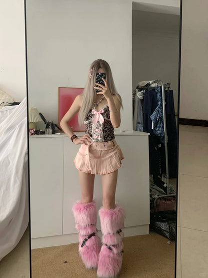 Brown Leopard Lace Bow Top and Pink Denim Skirt Y2K Two Pieces Sets