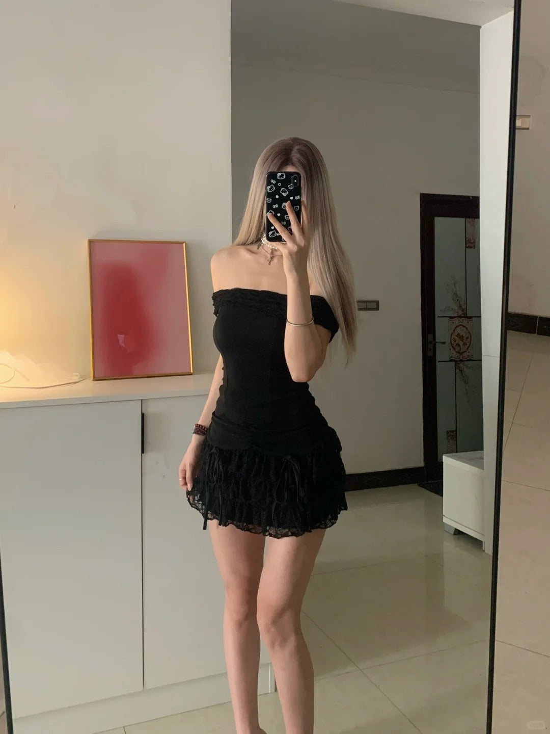 Black One Shoulder Lace Ruffle Mini Dress Y2K Mini Dress