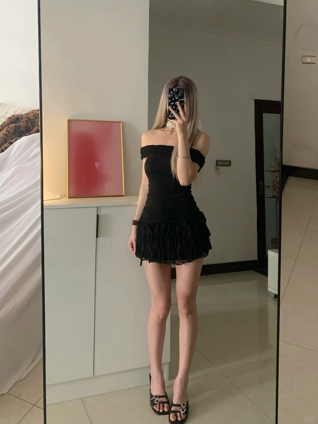 Black One Shoulder Lace Ruffle Mini Dress Y2K Mini Dress