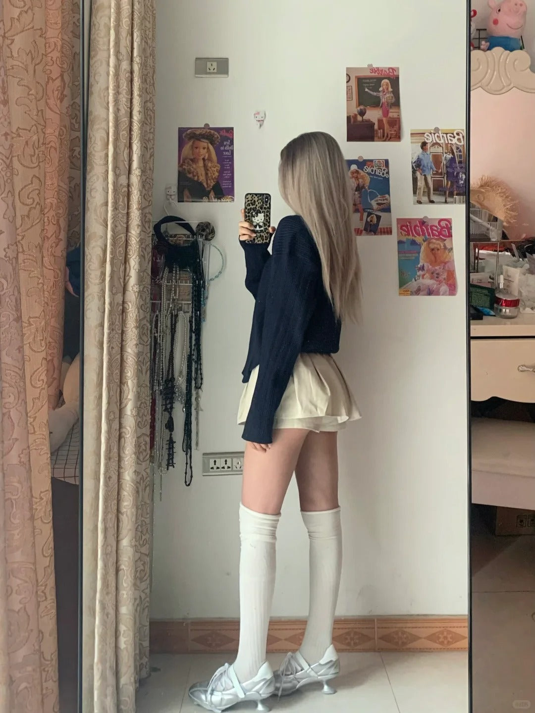 Navy Off-Shoulder Sweater and Ivory Drawstring Shorts Y2K Two Pieces Sets