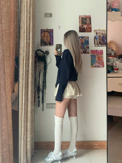 Navy Off-Shoulder Sweater and Ivory Drawstring Shorts Y2K Two Pieces Sets