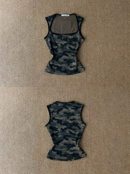 Green Camo Tank and Black Denim Shorts Y2K Two Pieces Sets