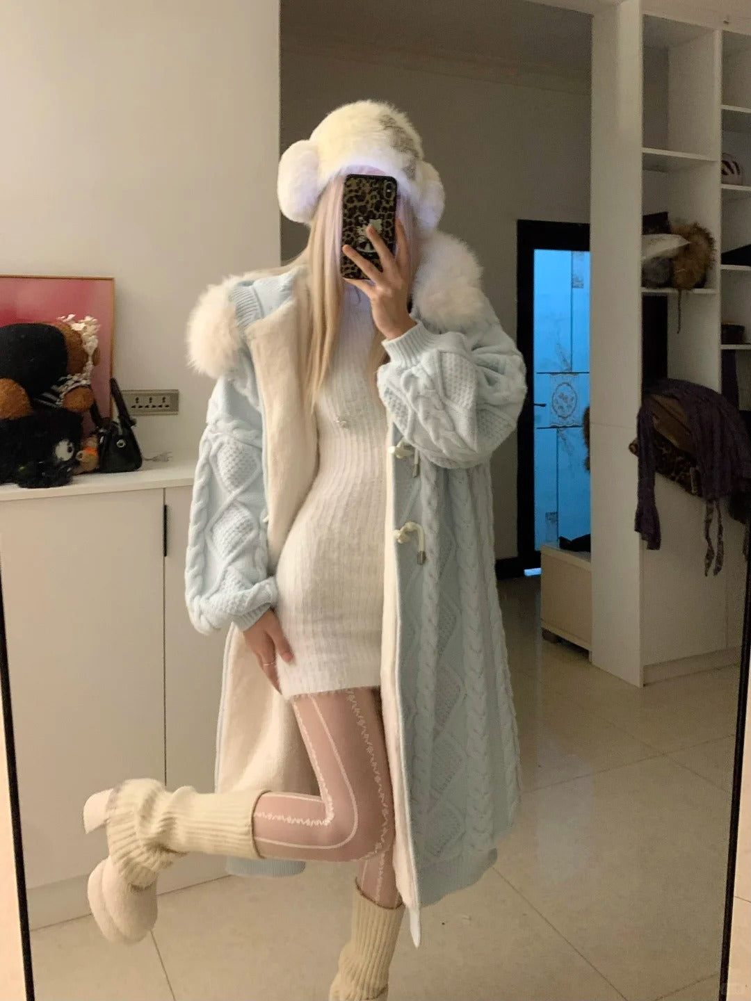 White Knit Dress and Blue Fur Collar Cardigan Y2K Outfit