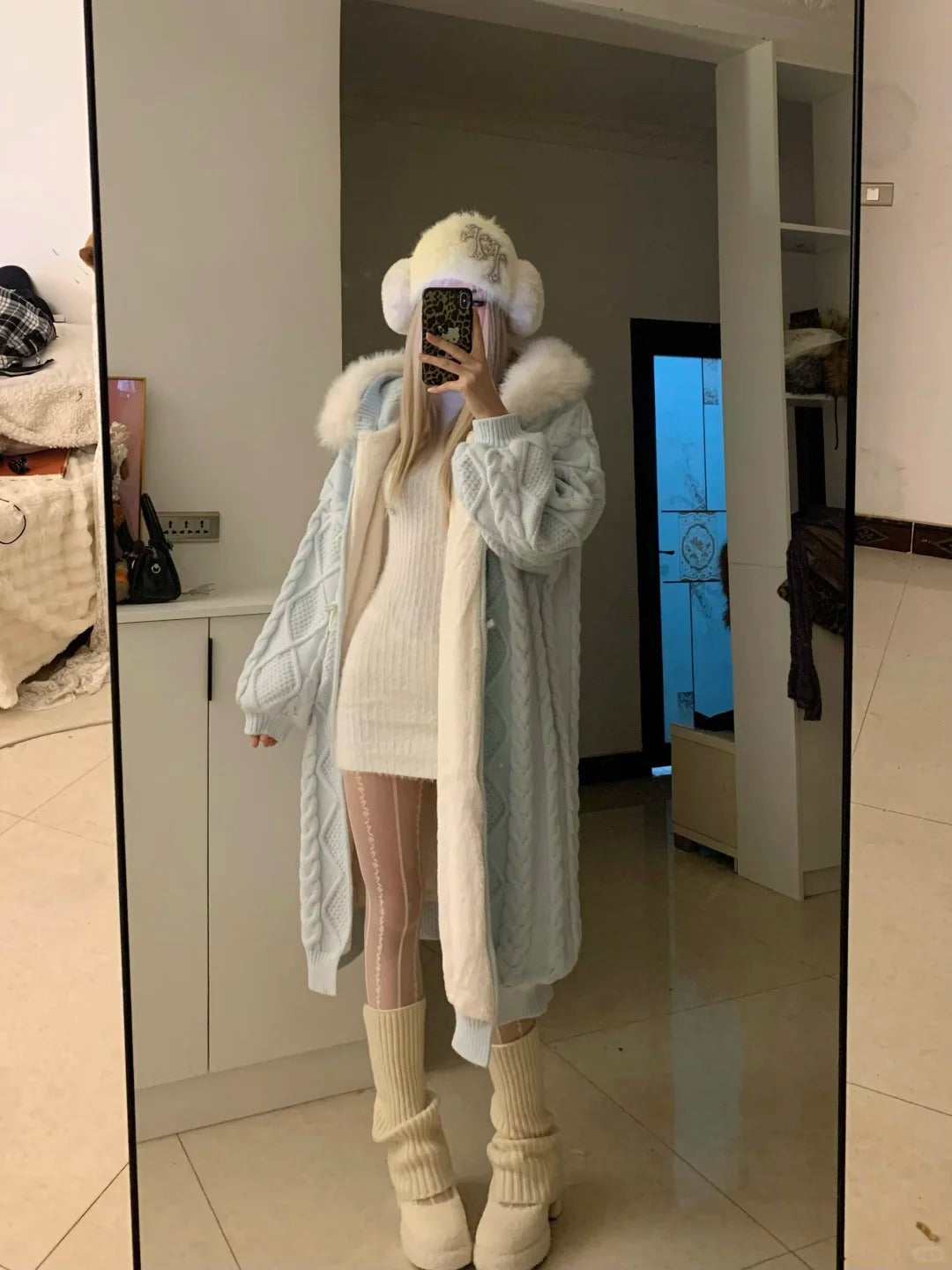 White Knit Dress and Blue Fur Collar Cardigan Y2K Outfit