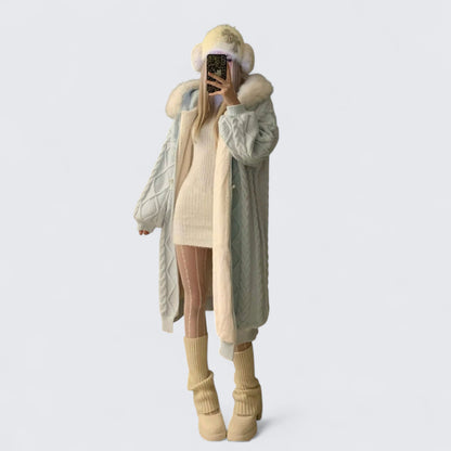 White Knit Dress and Blue Fur Collar Cardigan Y2K Outfit