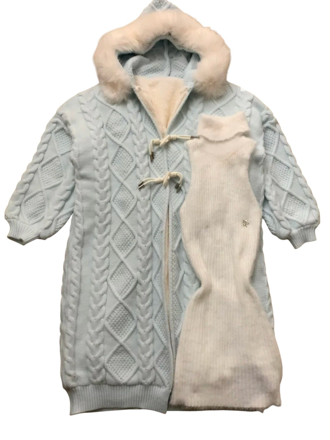 White Knit Dress and Blue Fur Collar Cardigan Y2K Outfit