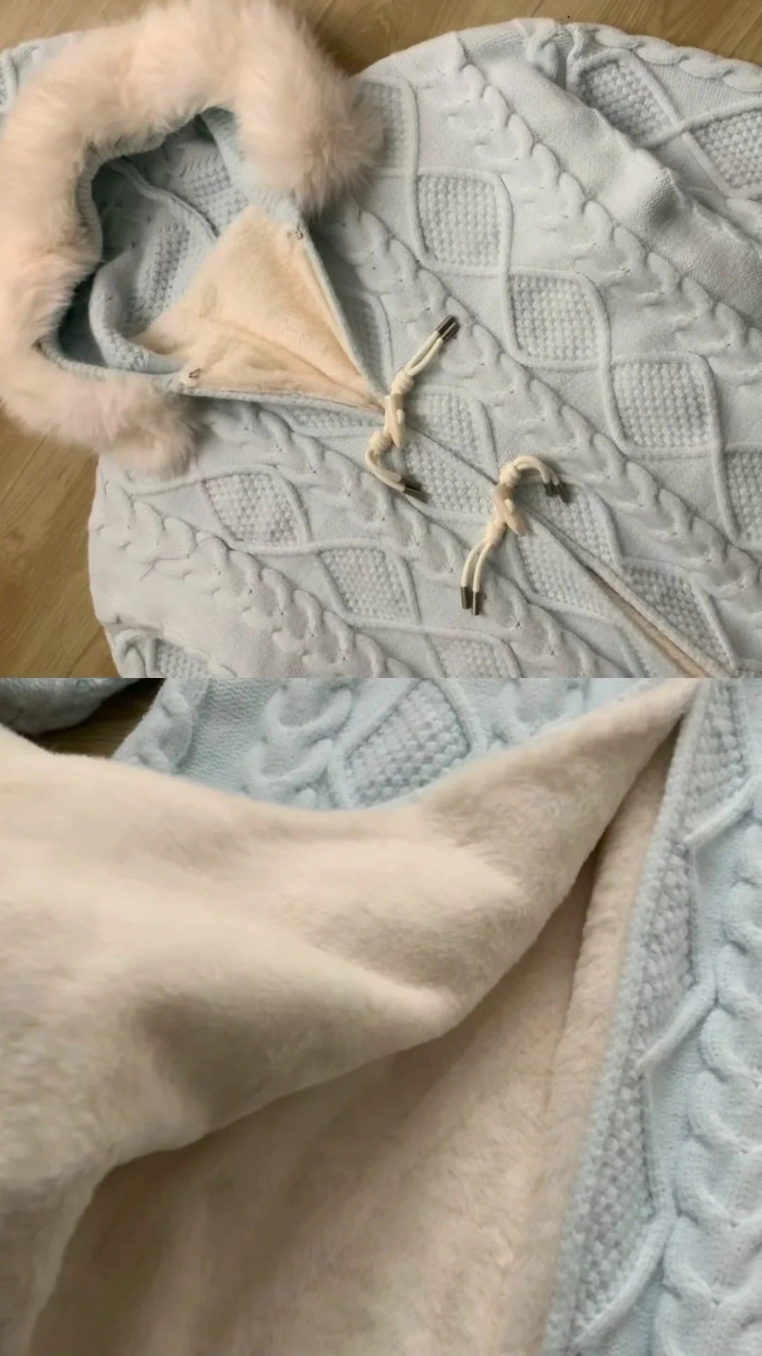 White Knit Dress and Blue Fur Collar Cardigan Y2K Outfit