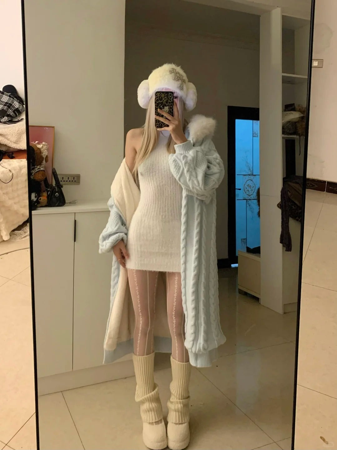 White Knit Dress and Blue Fur Collar Cardigan Y2K Outfit