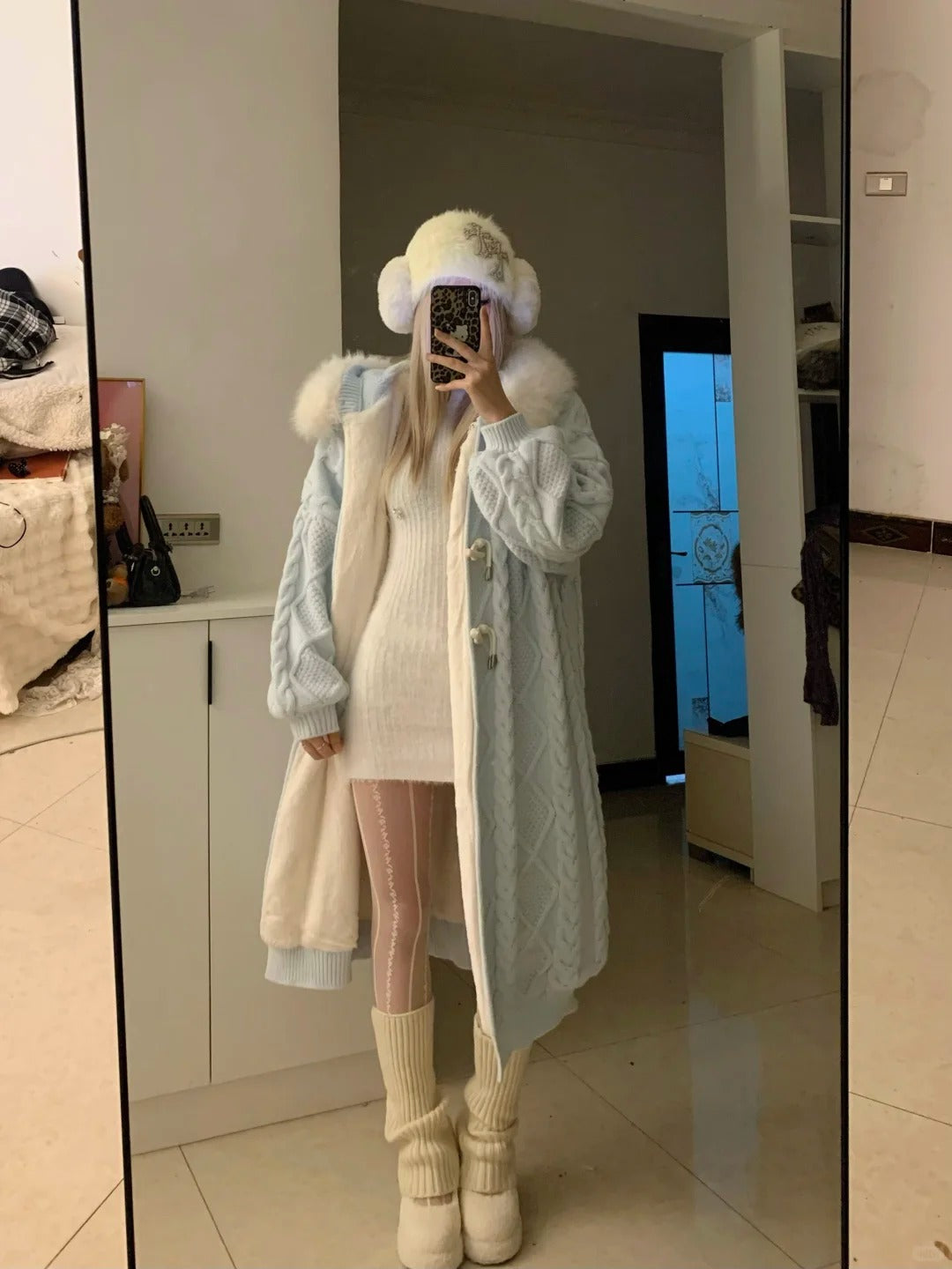 White Knit Dress and Blue Fur Collar Cardigan Y2K Outfit