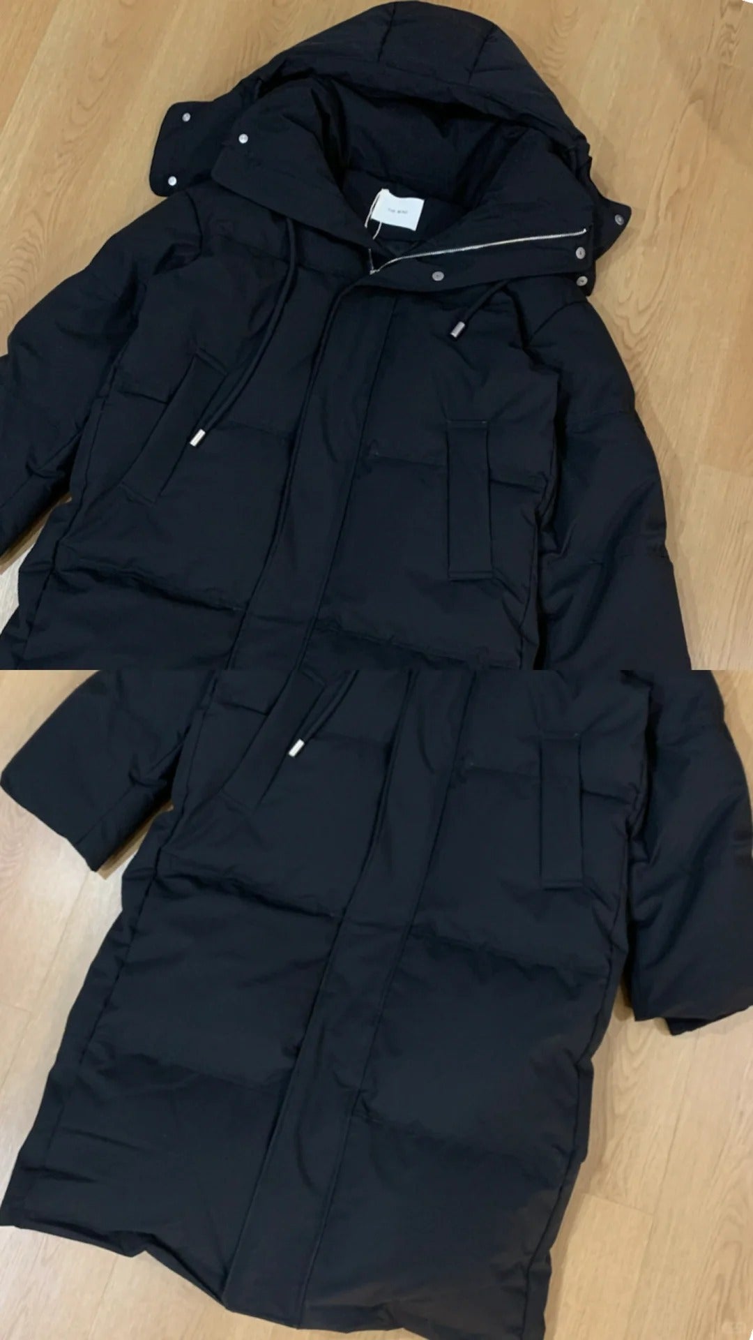 White Lace Top with Black Long Down Jacket and Flared Pants Y2K Outfit