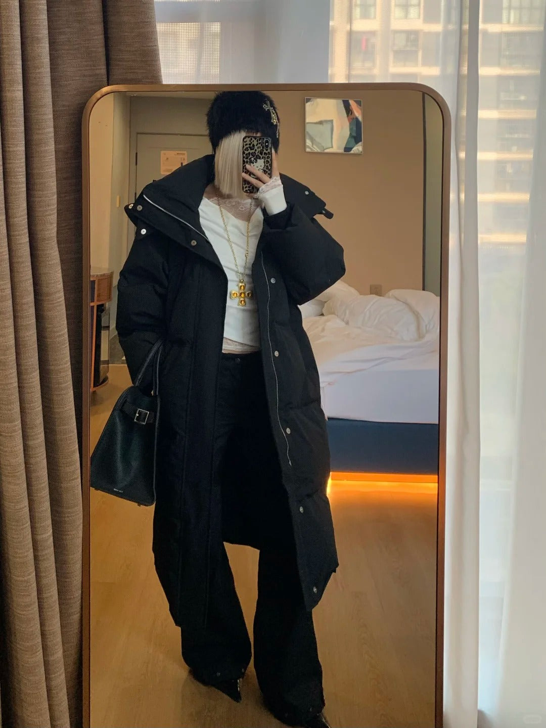 White Lace Top with Black Long Down Jacket and Flared Pants Y2K Outfit