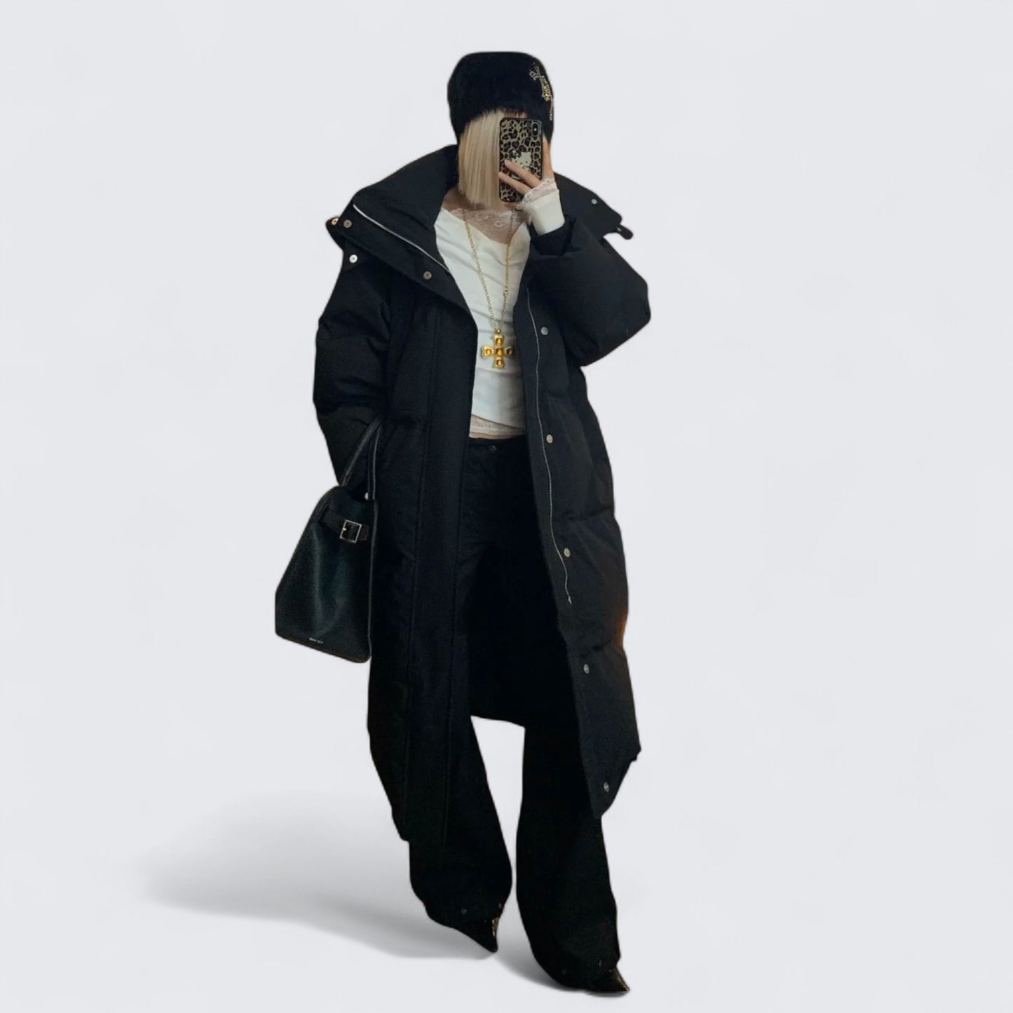 White Lace Top with Black Long Down Jacket and Flared Pants Y2K Outfit