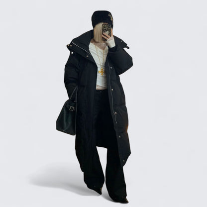 White Lace Top with Black Long Down Jacket and Flared Pants Y2K Outfit