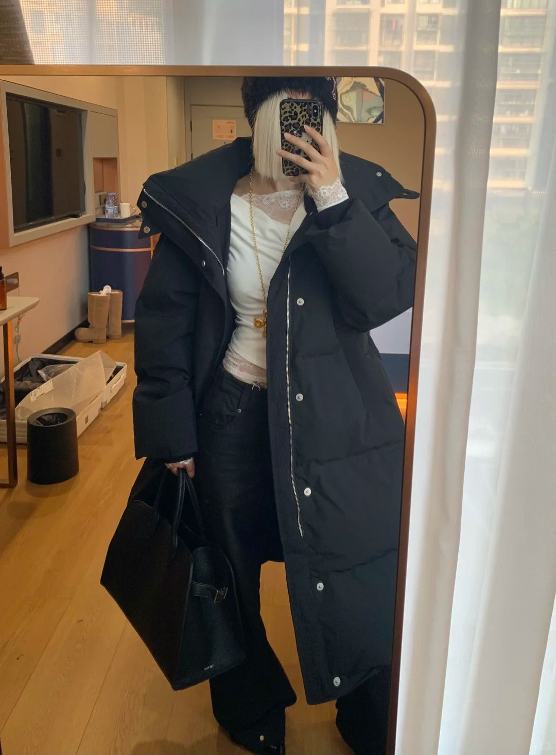 White Lace Top with Black Long Down Jacket and Flared Pants Y2K Outfit