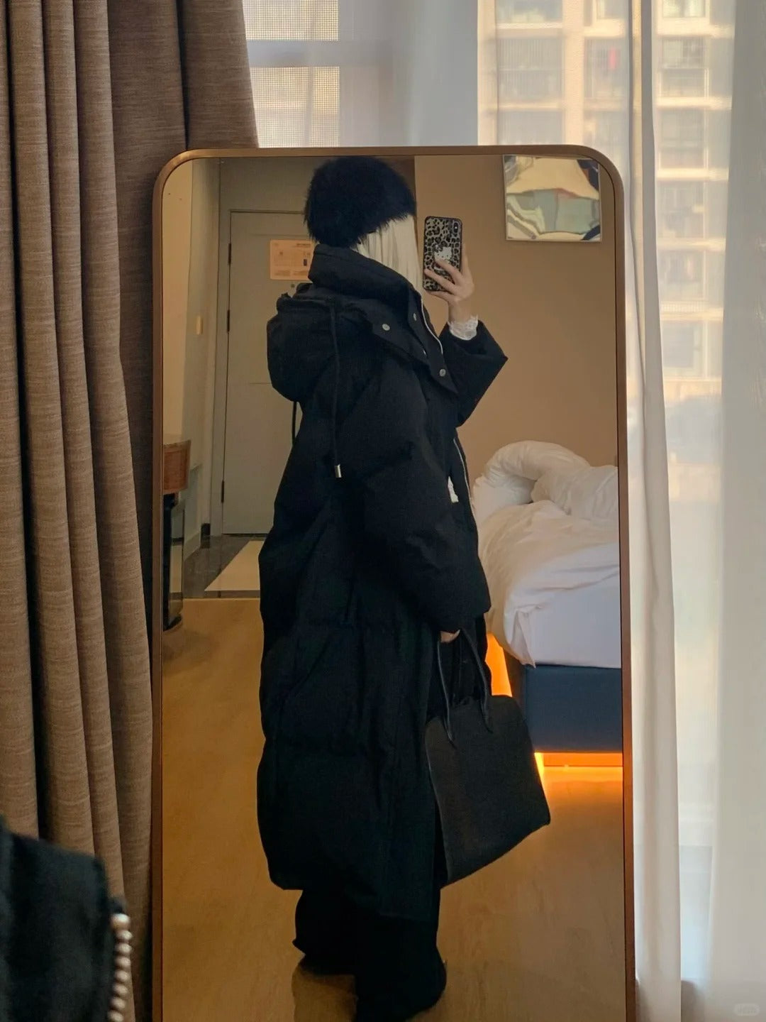 White Lace Top with Black Long Down Jacket and Flared Pants Y2K Outfit