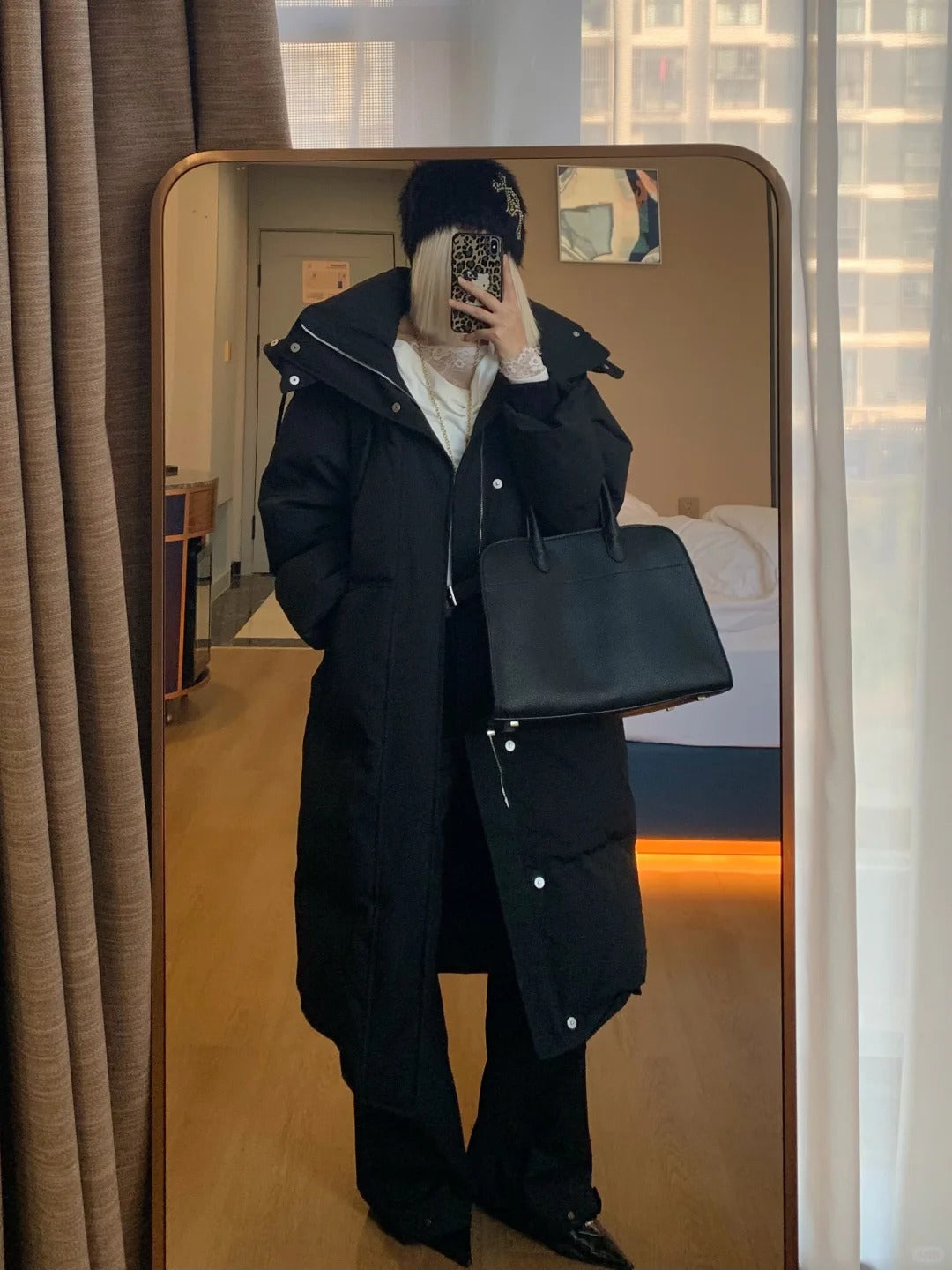 White Lace Top with Black Long Down Jacket and Flared Pants Y2K Outfit