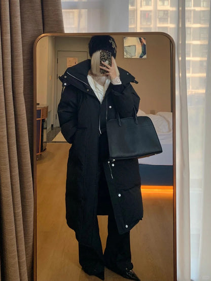 White Lace Top with Black Long Down Jacket and Flared Pants Y2K Outfit