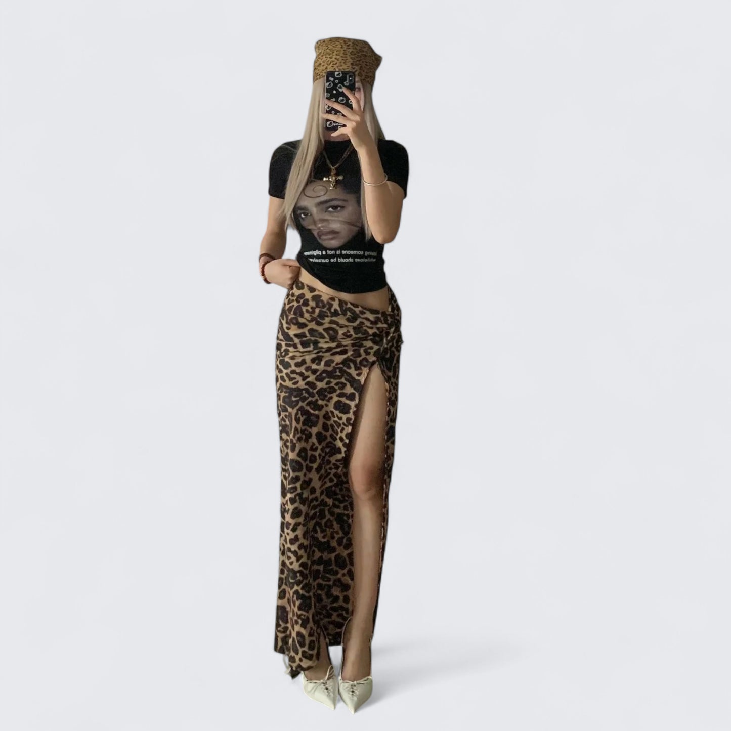 Y2k Graphic Crop Tee and Leopard Split Skirt Two Pieces Sets
