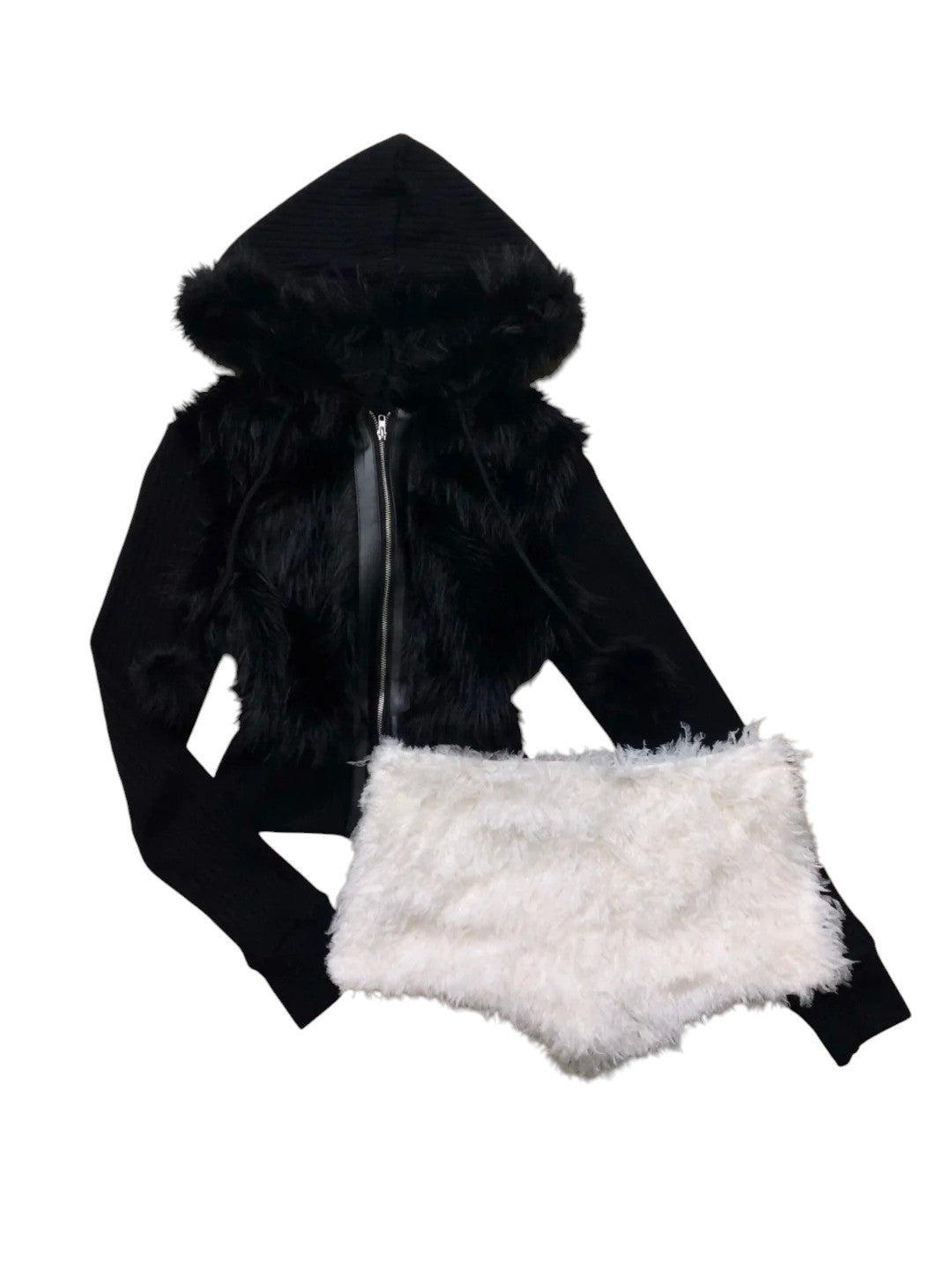 Black Hooded Crop Top with White Fur Shorts Y2K Two-Piece Set