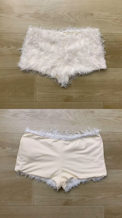 Black Hooded Crop Top with White Fur Shorts Y2K Two-Piece Set