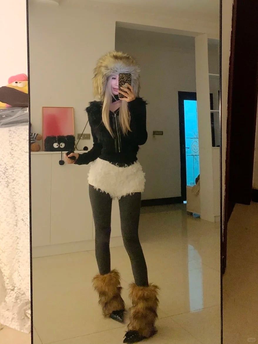Black Hooded Crop Top with White Fur Shorts Y2K Two-Piece Set