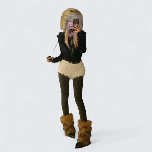 Black Hooded Crop Top with White Fur Shorts Y2K Two-Piece Set