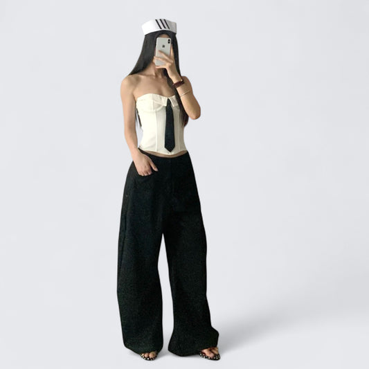 Y2k Strapless Tie Crop Top & Navy Cargo Pants Two Pieces Sets