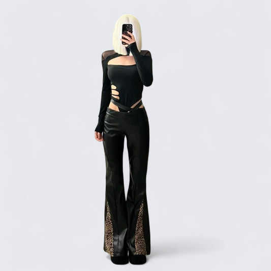 Black Mesh Cutout Top with Leopard Patchwork Leather Pants Y2K Two-Piece
