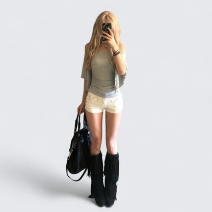 Y2K Grey Off-Shoulder Top and White Shorts Two Pieces Set