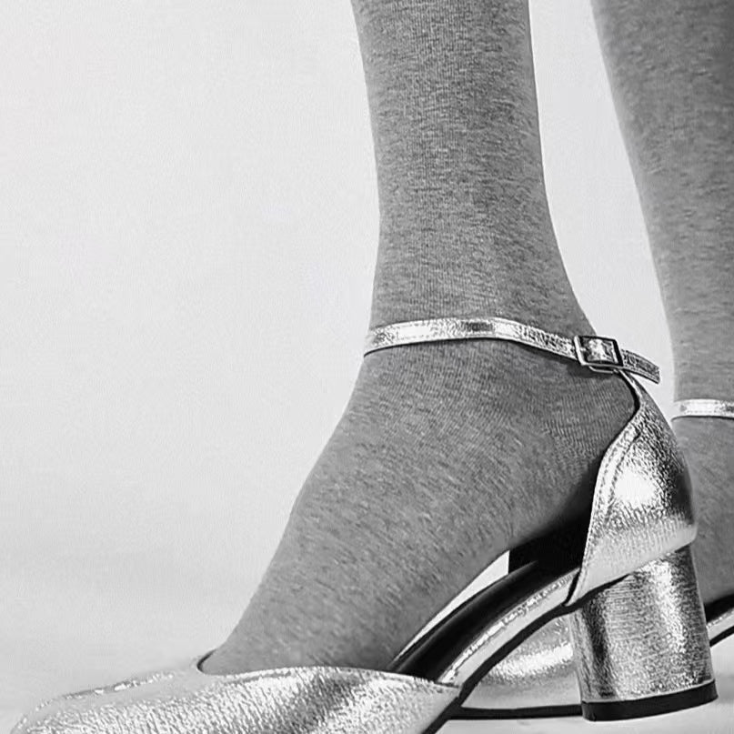 Silver Leather Ankle Strap Round Toe Flats Tabi
