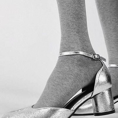 Silver Leather Ankle Strap Round Toe Flats Tabi