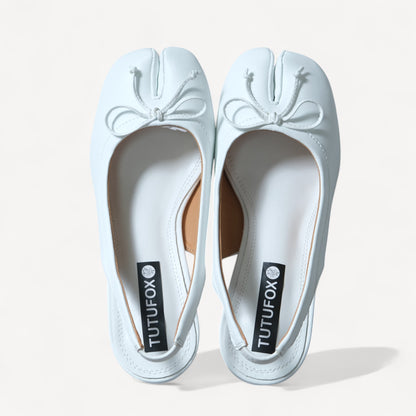 White Leather Bow Round Heel Split-Toe Strap Tabi
