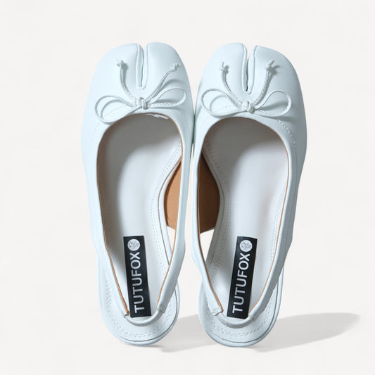 White Leather Bow Round Heel Split-Toe Strap Tabi