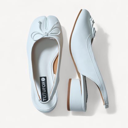 White Leather Bow Round Heel Split-Toe Strap Tabi