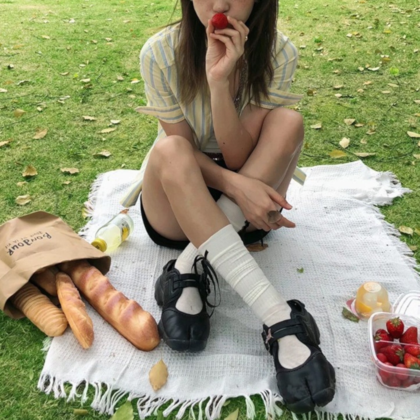 Black Leather Ballet Sneaker Split-Toe Ballerina Flats Tabi