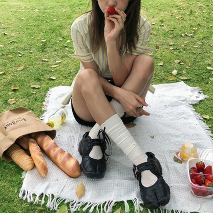 Black Leather Ballet Sneaker Split-Toe Ballerina Flats Tabi