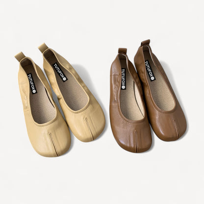 Brown Soft Leather Faux Split-Toe Flats Tabi