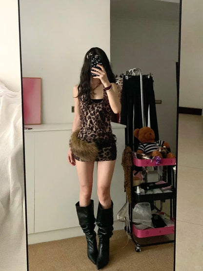 Leopard Print Mini Dress Y2K Midi Dress