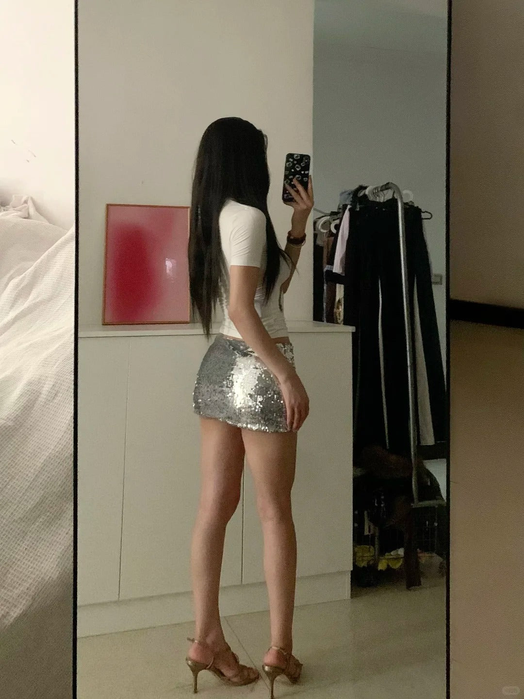 Cropped Portrait Top and Silver Mini Skirt Two Pieces Sets