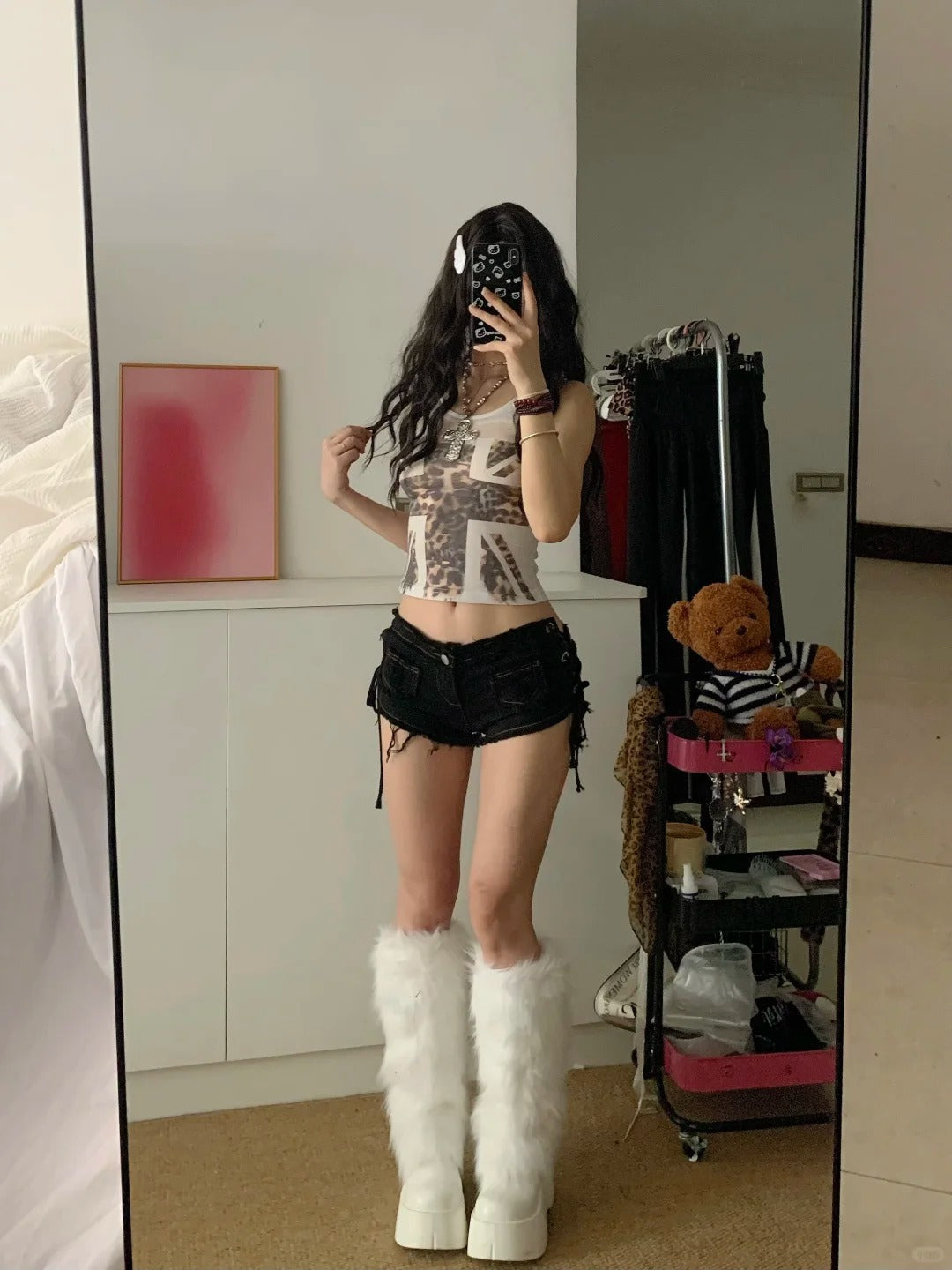 Cross Print Vest and Black Mini Shorts Y2K Two Pieces Sets