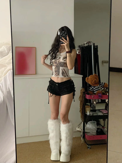 Cross Print Vest and Black Mini Shorts Y2K Two Pieces Sets