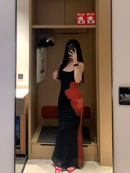 Black Floral Bodycon Dress Y2K Midi Dress