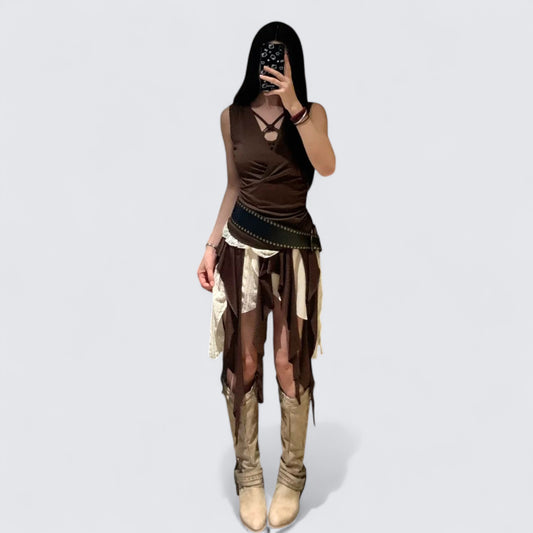 Brown Vest and Colorblock Skirt Y2K two pieces sets