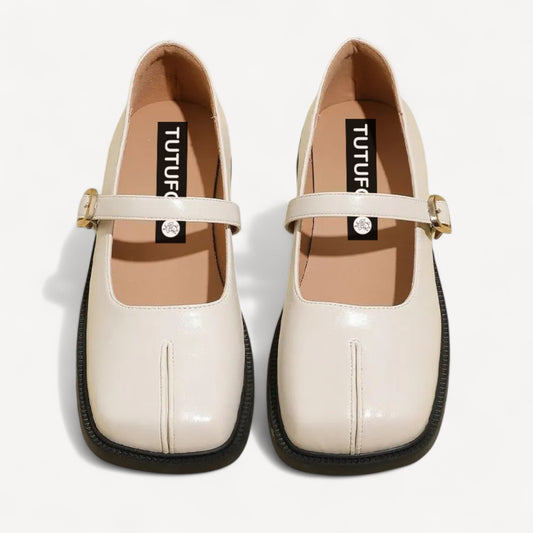 White Leather Mary Jane Faux Split-Toe Tabi