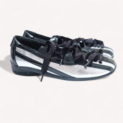 Black Silver Lace Bow Balletcore Sneakers Balletsneaker Flats