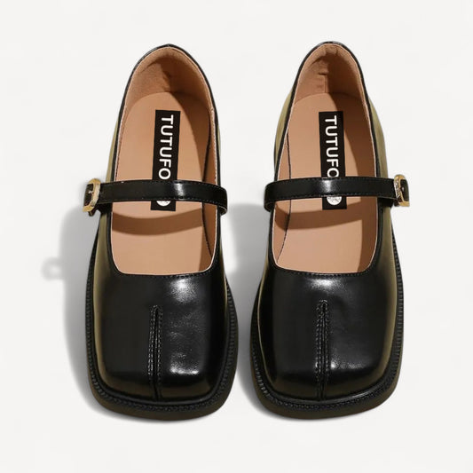Black Leather Mary Jane Faux Split-Toe Tabi